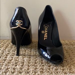 Chanel patent leather peep-toe pumps